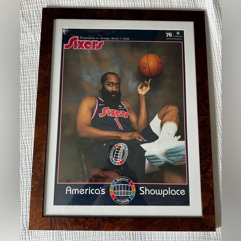 James Harden Framed 2021-2022 City Edition Sixers Photo 23” x 29” in Tiger Wood